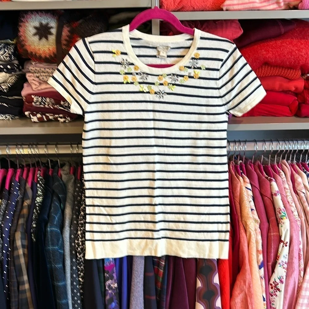 J Crew off white short sleeve navy striped with embellishments sweater XS NWT
